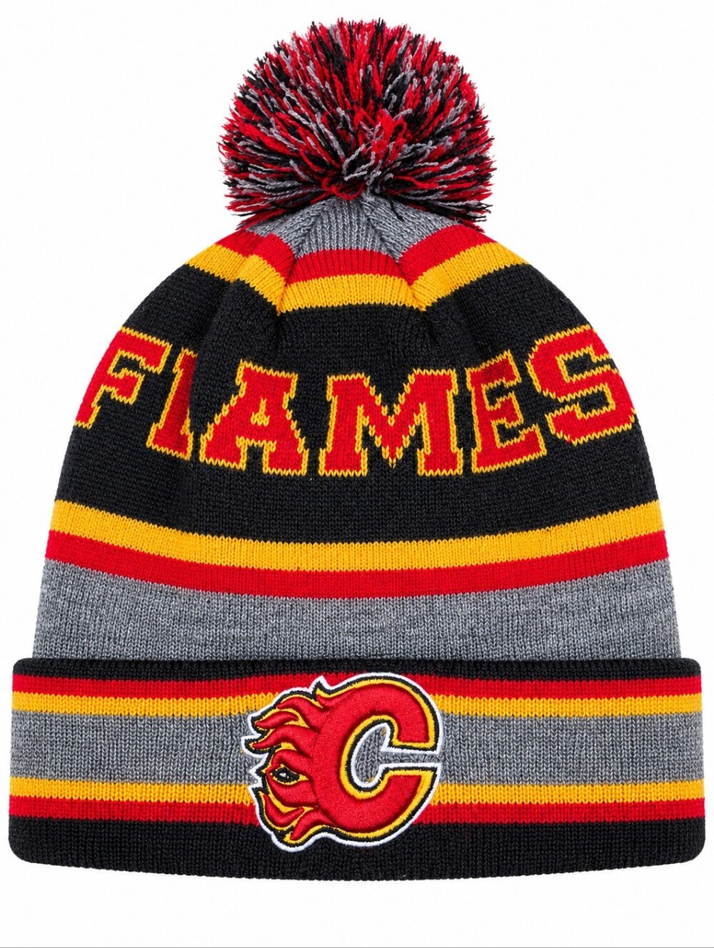 Calgary Flames NHL Knit Pom Beanie Toque Gray Red Yellow Black